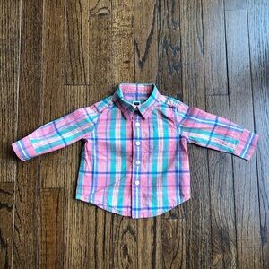 *EUC* Janie and Jack Boys 3-6M Pink/Orange Plaid 100% Cotton Button-Down Shirt